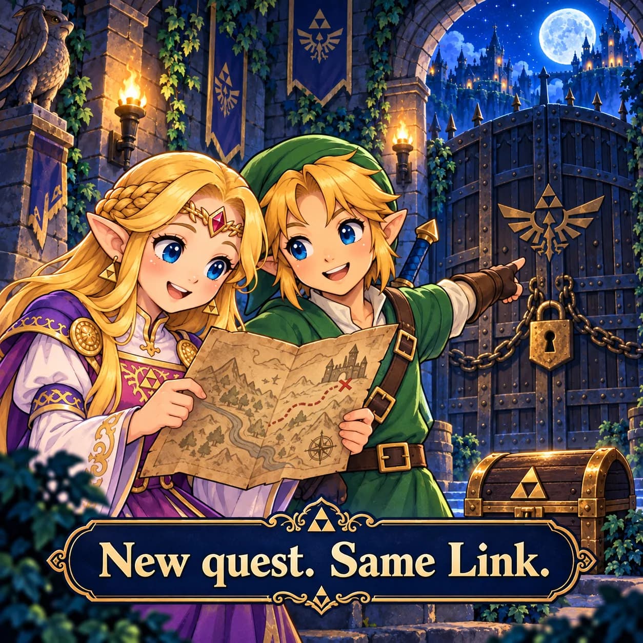 Inside a moonlit castle gatehouse, Zelda studies a folded map while Link points at the enormous locked gate. One small treasure chest sits beside them. Artwork text: New quest. Same Link.
