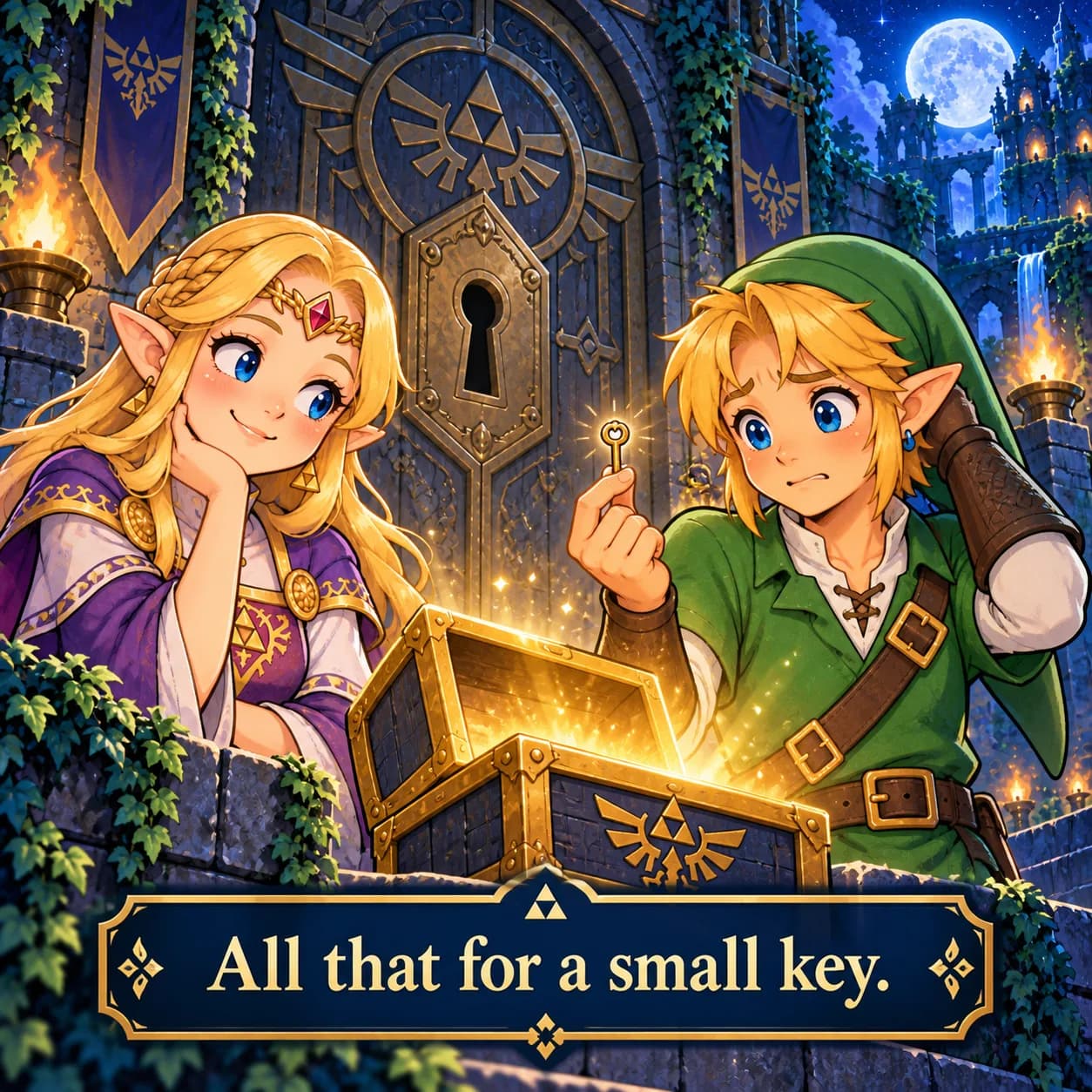 An ornate chest radiates golden light, but Link holds up the tiny key it contained. Zelda glances at the huge locked door. Artwork text: All that for a small key.