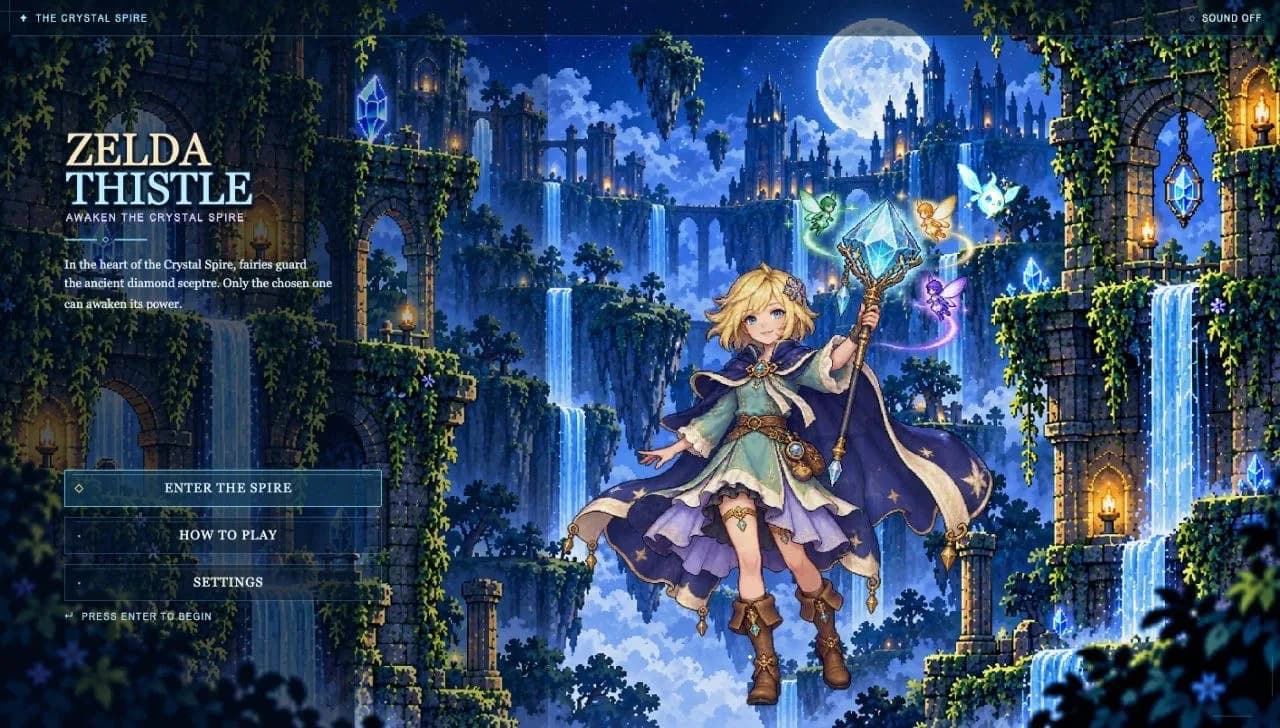 Development preview for The Crystal Spire, with moonlit castle ruins, waterfalls and a crystal sceptre.